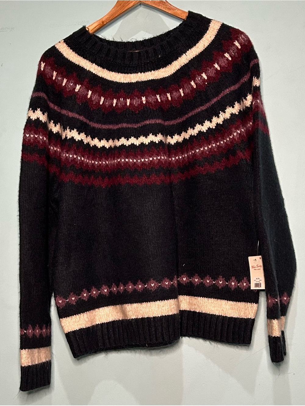 Lucky Brand Navy Sweater with Cream and Wine Fair Isle Detail